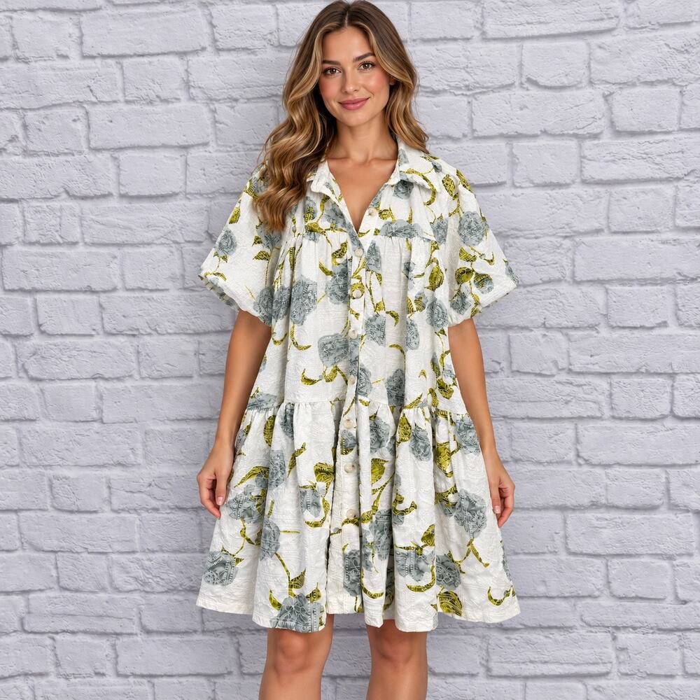 En Saison Jayla Shirtdress White Sage Blue Floral Short Puff Sleeve Size M